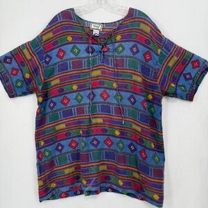 Cynthia Tunic Top Womens 2X‎ Blue Geometric Tribal Lace Up Cotton Short Sleeve